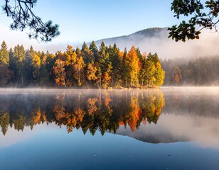Autumnal Lake Reflection: Misty Morning Landscape