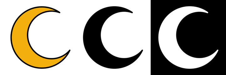 Vector illustration of a crescent moon icon in three styles: gold colored, black silhouette, and white negative version on a black background. Ideal for astronomy, night sky, religion, mystical