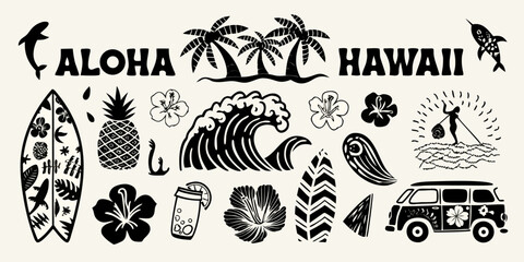 Aloha hawaii tropical paradise collection with surfboards palm trees waves and a van © Shuvra Majumder
