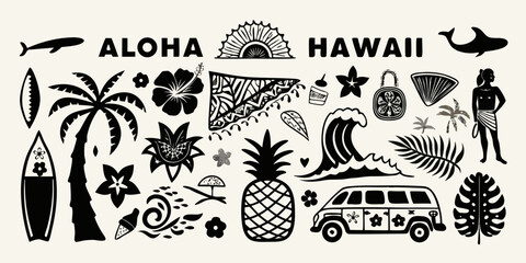 Collection of hawaiian aloha tropical icons and symbols with palm trees surfboards pineapples and waves © Shuvra Majumder
