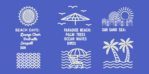 Collection of stylized beach icons and text elements for summer vacation and travel themes © Shuvra Majumder