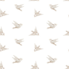 Watercolor repeat seamless pattern with illustration of a flying birds of peace with spread wing. Hand-drawn Bird design symbol of peace for invitations or greeting cards in pastel beige colors.
