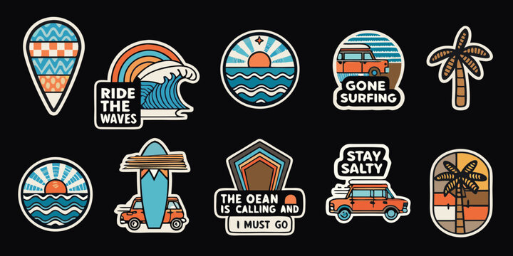Collection of retro style surfing and beach themed stickers with palm trees and vans