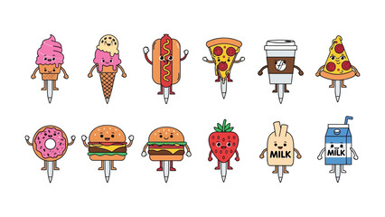Cute Food on a Bike: A delightful assortment of animated food items, including a pizza slice, coffee cup, and hot dog, joyfully ride bicycles, inviting a sense of fun and appetite. 