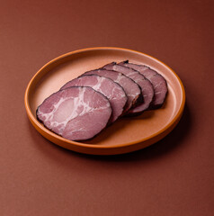 Ham, a meat cooked and sliced for sandwiches or Christmas table. Ham slices