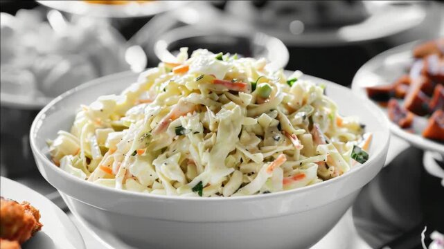 A colorful and appetizing coleslaw in a bowl on the table