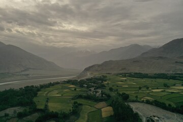 Beautiful aerial view of Badakhshan mountains and valley in Afghanistan