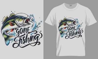 Gone Fishing T-Shirt Design Vector Illustration - Watercolor Bass Fish with Water Splash Graphic