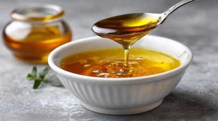 liquid honey or aroma oil or olive oil falls pours into bowl. Clear gel serum texture. concept of skin care or eco nutrient Cosmetic gel skincare cream product close up