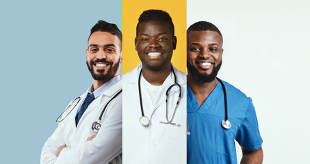 This collage depicts three healthcare workers, a man and woman of Asian descent alongside two Black men, proudly representing their profession.