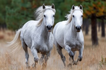 Obraz premium Two White Horses Running in a Field
