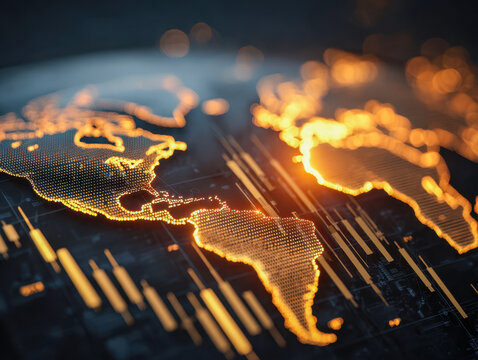 Illuminated digital map of the Americas showcasing glowing data points and financial graphs representing global economic trends and connectivity in technology - Powered by Adobe