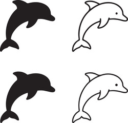 Dolphin icon set, aquatic marine icons, ocean animal wildlife icons, black silhouette line outline filled minimal thin stroke, modern vector icon pack for sea and nature