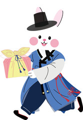 선물세트 들고 있는 한복입은 추석토끼 달토끼 한가위토끼 전통모자 갓