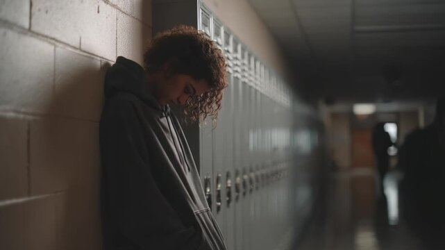Student alone in a school hallway, leaning against lockers with head down under a hoodie.