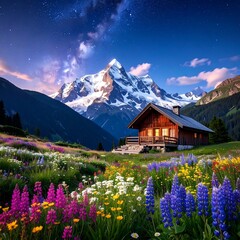 Fototapeta premium Alpine Chalet and Mountain Flowers.