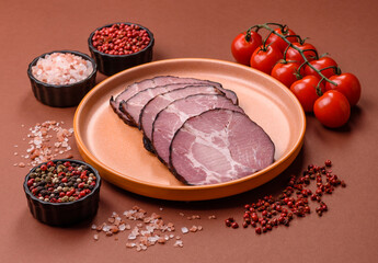 Ham, a meat cooked and sliced for sandwiches or Christmas table. Ham slices