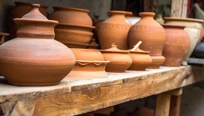 Assorted terracotta pottery on wooden shelf