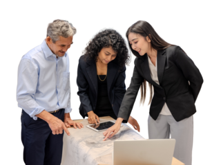 Construction engineers discuss the design with the project owner and the constructionon on transparent background