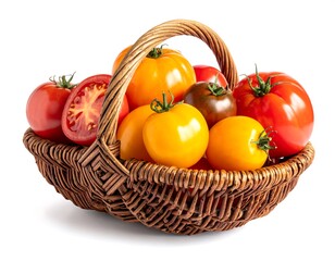 Assorted tomatoes in a wicker basket