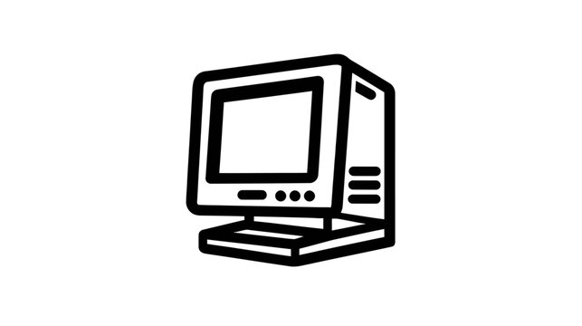 Retro desktop computer icon. Vintage PC symbol with old CRT monitor and tower. Obsolete technology outline illustration.
