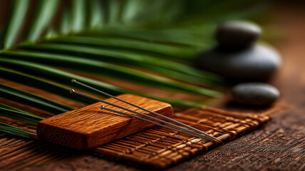 Acupuncture needles on a wooden stand, health and relaxation items, spa interior design idea to promote relaxation and rest for clients, poster and advertising idea