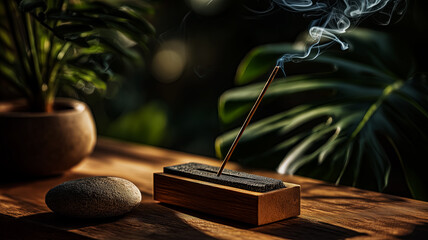 stick of incense slowly burns on a table in a spa salon, an idea for interior design in spa salons that promotes relaxation and rest for clients, an idea for a poster and advertising