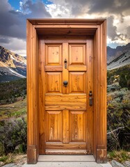 Wooden door to a mountain landscape