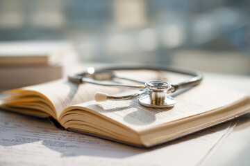 Medical stethoscope resting on an open book with scattered papers in a bright study environment symbolizing healthcare education and professional learning