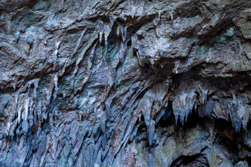 Nimara cave near Marmaris, Turkey inside. Stalactites stalagmites and streak formations in cave of...