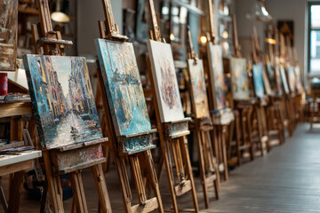 Wooden easels with colorful paintings in bright art studio classroom