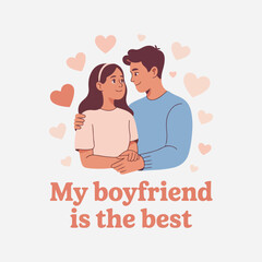 Romantic National Boyfriend Day vector art including funny quotes, badges, couple cartoons, heart and arrow icons, gift cards, and social media banners in minimalist solid colors