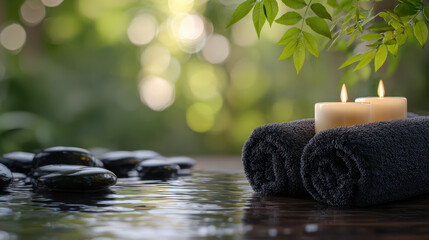 Serene outdoor relaxation setup featuring rolled black towels, flickering candles, smooth black spa stones, and lush greenery creating a calming atmosphere for wellness and tranqui