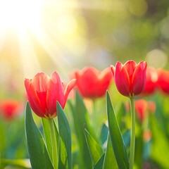 Beautiful Red Tulips in Spring Sunlight.