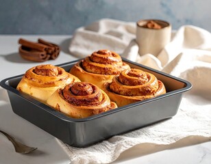 Baked Cinnamon Rolls in Dark Gray Pan