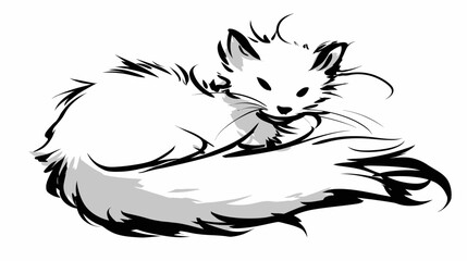 Obraz premium Cute fluffy white fox or small canine animal curled up sleeping peacefully, minimalist hand-drawn black and white sketch illustration