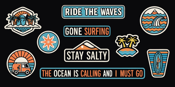 Collection of retro surfing themed stickers with inspirational quotes and beach elements