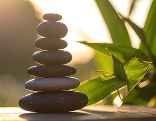 Balanced Dark Gray Stones with Lush Greenery and Warm Sunlight