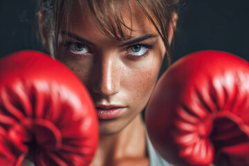 Focused young female boxer with red gloves looking intensely at the camera ready for a fight in a dark training environment close-up portrait
