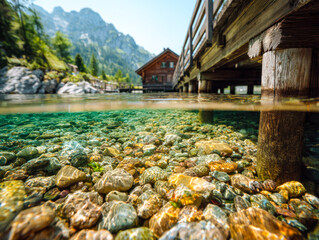 Tranquil lakeside cabin with clear water and colorful pebbles, nestled in a mountain landscape