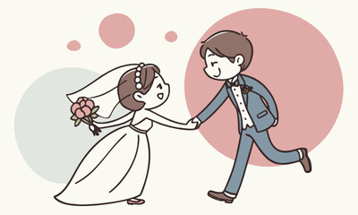 Cute cartoon wedding couple holding hands,