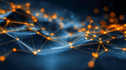 Network of interconnected glowing orange nodes and lines forming a complex digital web over dark blue abstract background representing technology and communication concepts