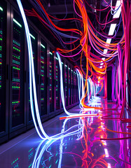 A vibrant data center with rows of servers illuminated by colorful cables and lights, creating a futuristic and technologically advanced environment.