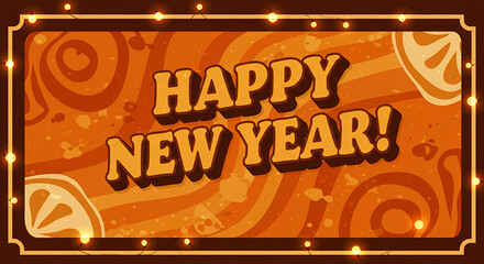 Fototapeta premium Happy New Year greeting card with orange background and lights 