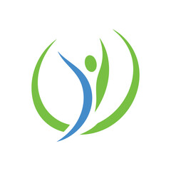 Abstract blue and green human figure with arms raised within a circular frame vector