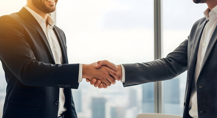 Confident businessmen sealing a deal with a firm handshake in a modern office bathed in natural light, symbolizing success and partnership.