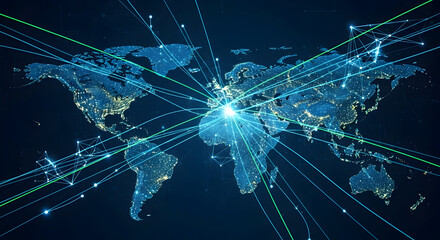 Dynamic global network connections illuminate Earth from space with vibrant light streams representing data flow and connectivity across continents
