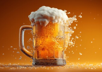 Beer mug with overflowing foam vibrant orange background refreshing beverage bubbles rising frothy top clean design perfect for celebrations thirst quenching drink party atmosphere