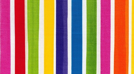 Bright striped fabric featuring vibrant colors, perfect for home decor and adding cheerful touch to any space. This textile showcases mix of bold hues, creating energetic atmosphere