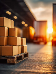 Stacked cardboard boxes on a wooden pallet ready for shipping in a warehouse loading dock illuminated by warm sunlight at sunset with blurred trucks in background